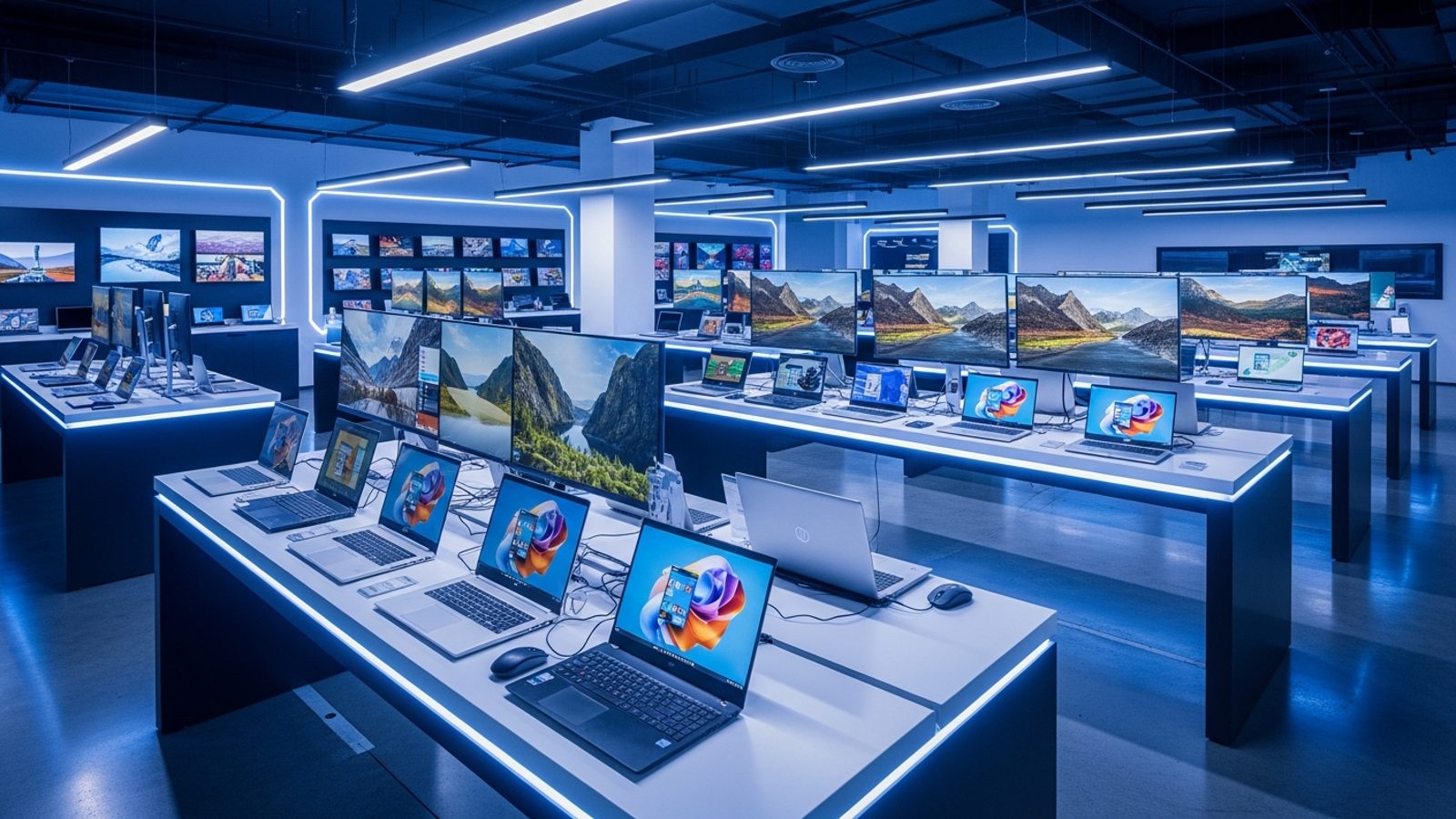 Tienda de cómputo con laptops y monitores en exhibición