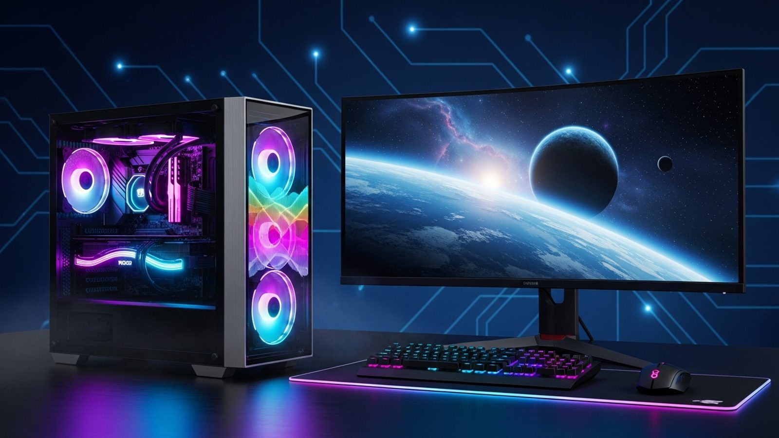 PC gamer con luces RGB junto a un monitor grande