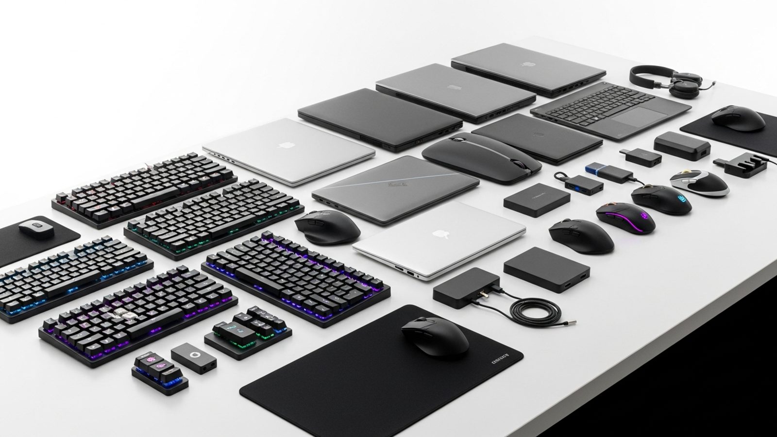 Laptops, teclados y accesorios de cómputo sobre un escritorio